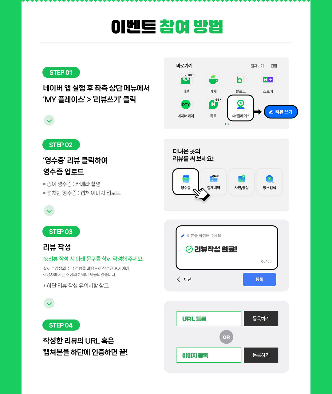 이벤트 참여방법 step1.네이버 앱 실행 후 좌측 상단 메뉴에서  ‘MY 플레이스’ > ‘리뷰쓰기’ 클릭, step2.‘영수증’ 리뷰 클릭하여 영수증 업로드 *종이 영수증 : 카메라 촬영 *캡쳐한 영수증 : 캡처 이미지 업로드, step3.리뷰 작성 *하단 리뷰 작성 유의사항 참고, step4.작성한 리뷰의 URL 혹은 캡쳐본을 하단에 인증하면 끝!