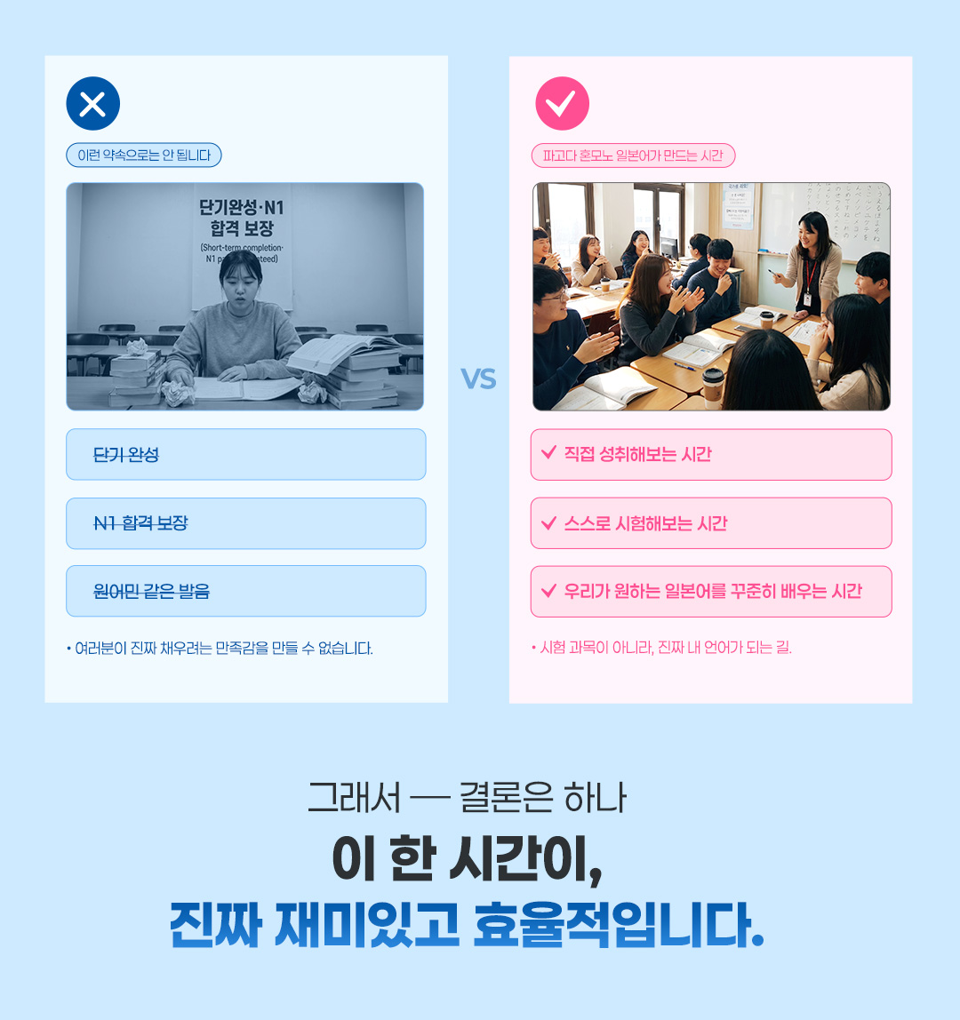 직접 성취해보는 시간, 스스로 시험해보는 시간, 우리가 원하는 일본어를 꾸준히 배우는 시간