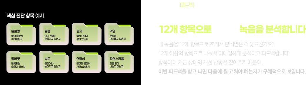 발화량·발음·강세·억양·말버릇까지 12개 항목으로 나눠서 녹음을 분석합니다.