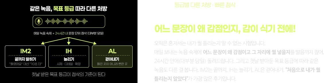 "좋아요"로 끝나는 첨삭은 없습니다. 어느 문장이 왜 감점인지, 감이 식기 전에