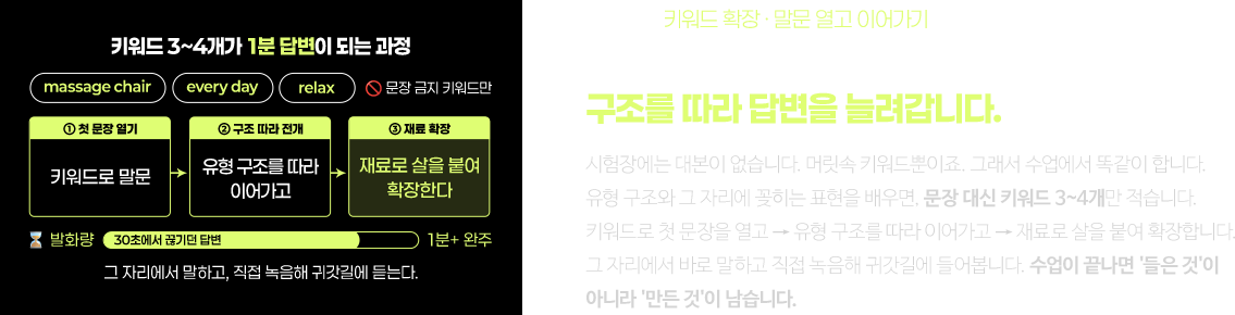 키워드 몇 개로 말문을 열고, 구조를 따라 답변을 늘려갑니다