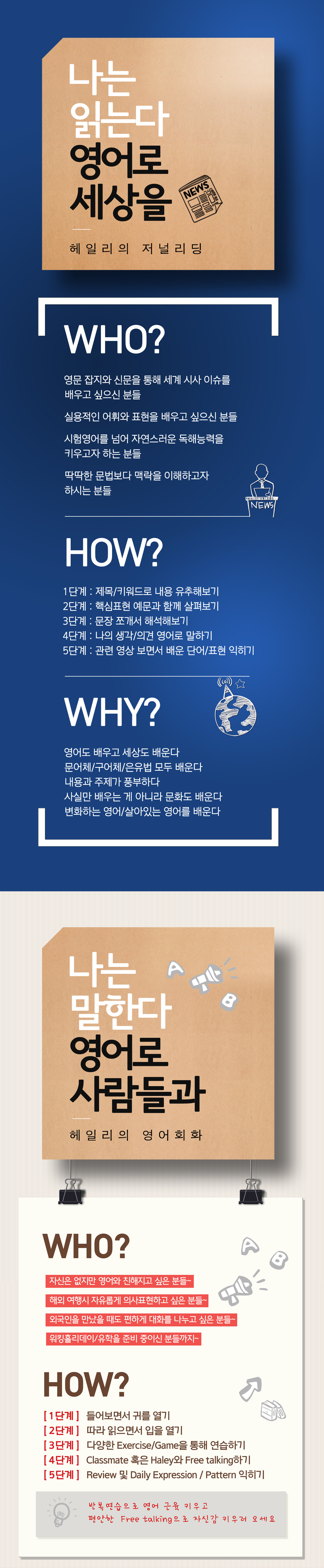 헤일리김 강의 특징 저널리딩은 영문 잡지와 신문으로 세계 시사 이슈와 실용 어휘를 맥락 안에서 익힙니다. 제목, 키워드로 내용 예측, 핵심 표현 예문, 문장 구조 해석, 영어로 의견 말하기, 관련 영상 복습의 순서로 진행합니다. 문어체, 구어체, 은유 표현과 문화 배경을 함께 다루며 시험 지문을 넘어 실제 영어 독해를 연습합니다. 영어회화는 듣기와 따라 읽기로 시작해 연습 활동과 게임, 강사, 수강생 간 프리토킹으로 말할 기회를 늘립니다. 매 수업 복습과 일상 표현, 패턴 반복으로 여행, 유학, 워킹홀리데이 등 생활 대화의 자신감을 쌓습니다.
